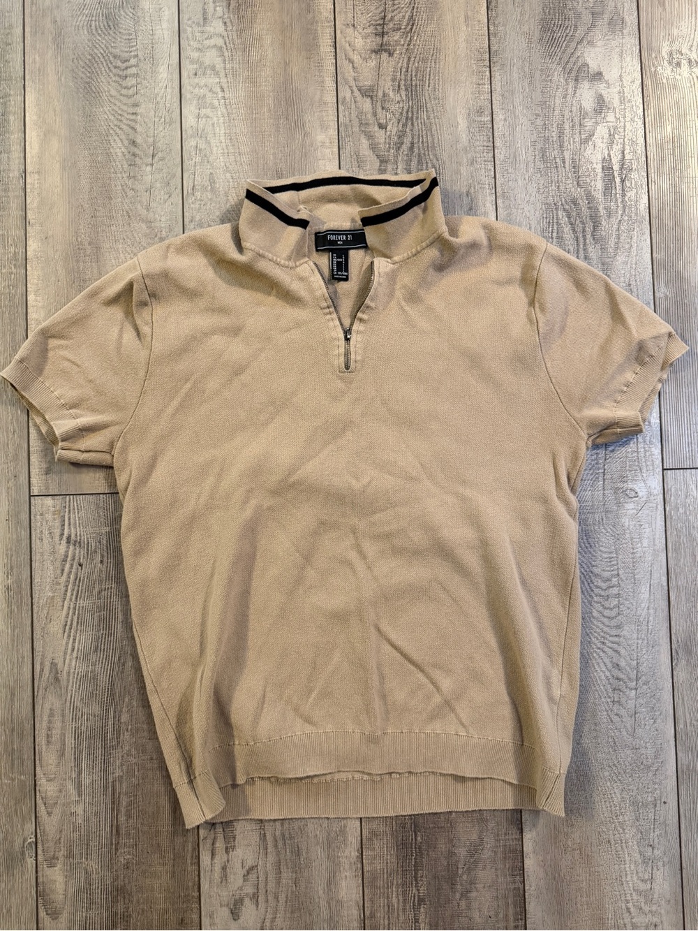 Forever 21 Men's Short Sleeve Zip Collar Polo - Tan with Black Trim